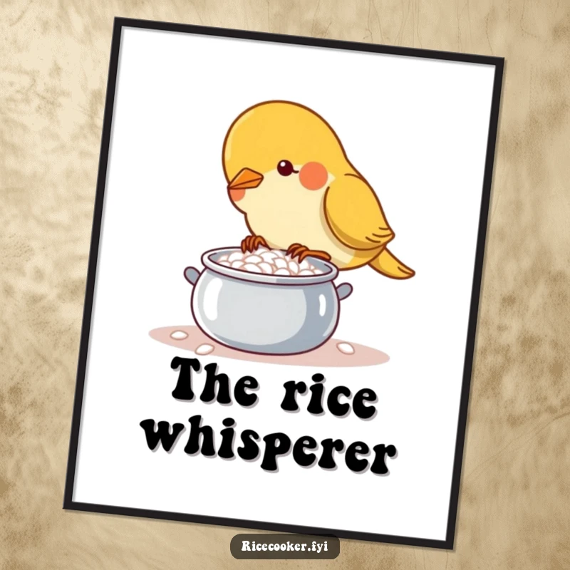 Funny determined bird carefully tending a small, bubbling pot of rice, high-quality digital art for unique decor.