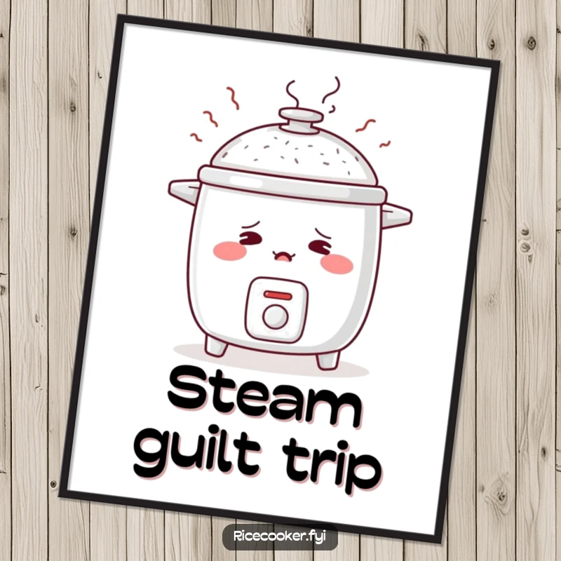 Funny digital art print of a shy rice cooker blushing with steam rising like embarrassed sighs, ready to bring sweet charm to your walls.