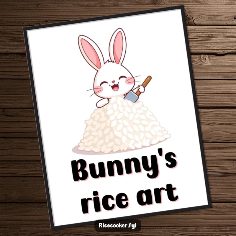 Funny joyful bunny patting a mound of rice with a tiny spatula, looking proud and happy, downloadable humorous art.
