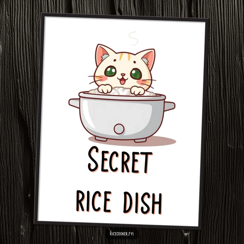 Funny surprised cat peeking over a steaming rice cooker lid, steam swirling, downloadable humorous wall art.