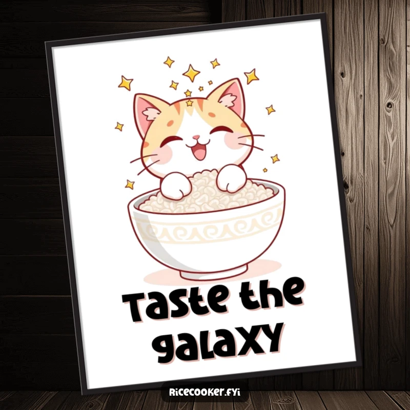 Funny digital art print of a delighted cat sprinkling glowing stars onto a bowl of cooked rice, capturing a moment of pure magic.