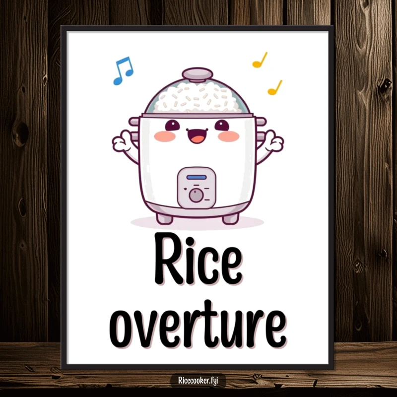 Funny digital art print of a smiling rice cooker conducting an orchestra with its arms, ready to bring harmonious energy to your walls.