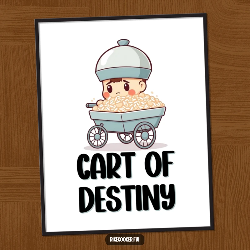 Funny digital art print of a focused rice cooker pushing a cart overflowing with rice, ready to inspire ambition on your walls.