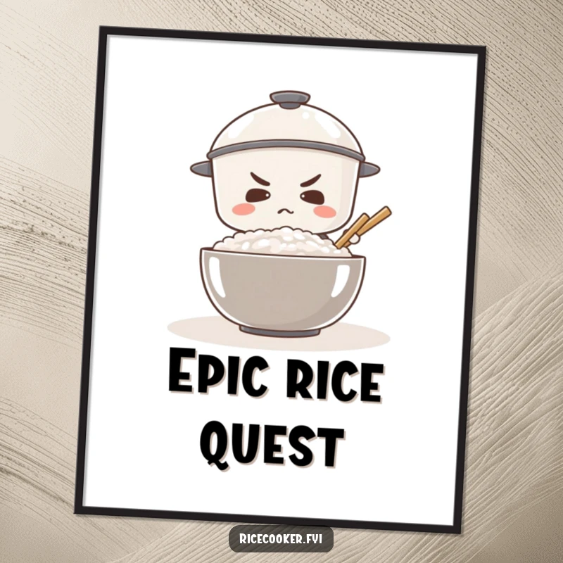 Funny digital art print of a determined rice cooker stirring a giant bowl of rice, for instant download.