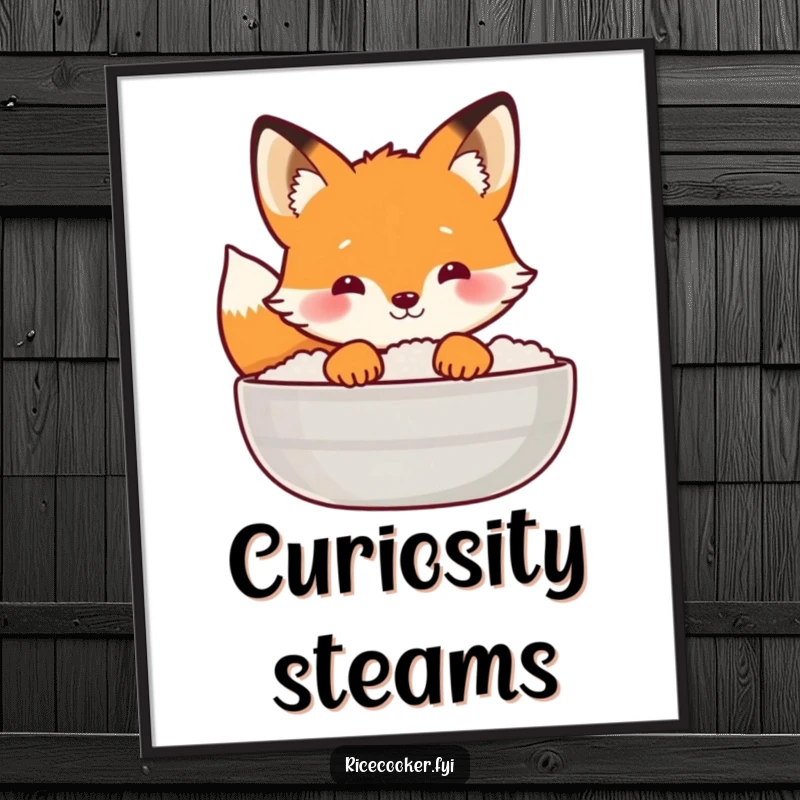 Funny fox digital art print of a curious fox peeking from behind a steaming rice lid, for instant display.