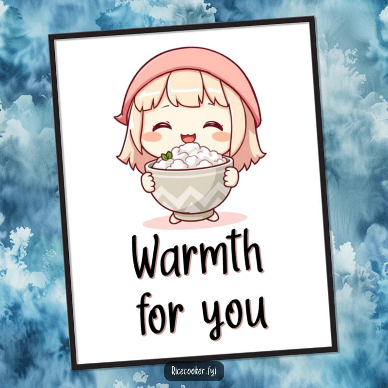 Funny digital art print of a character gently offering a warm bowl of rice with a kind smile, embodying comfort and hospitality.