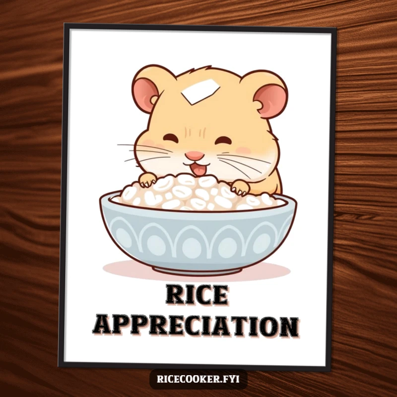 Funny hamster digital art print, showing a hamster joyfully sniffing a steaming bowl of rice, high-resolution download for kitchens and dining areas.