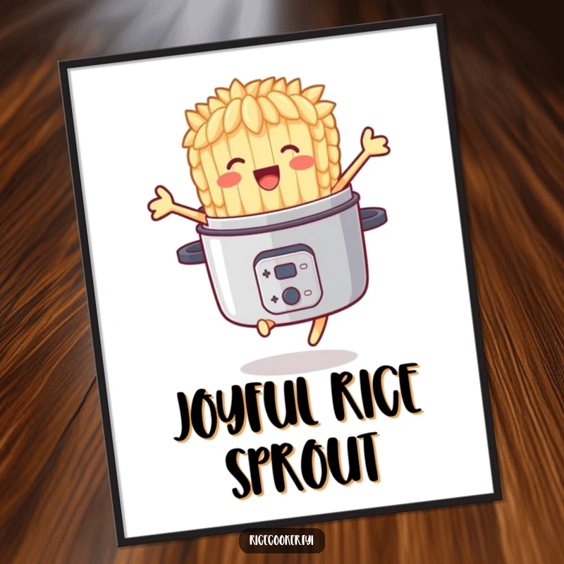 Funny digital art print of a delighted rice grain character joyfully jumping out of a rice cooker, ideal for happy decor.