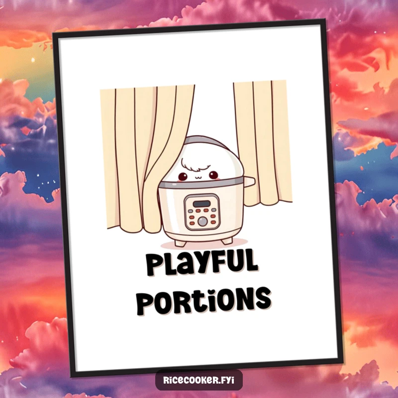 Funny rice cooker digital art, appliance peeking with a mischievous look from behind a curtain.