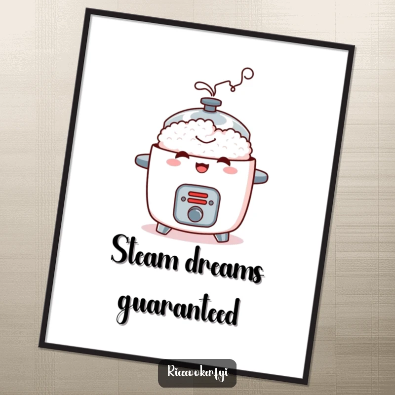 Funny digital art featuring a mischievous rice cooker with contented steam, high-resolution humorous printable decor for any space.
