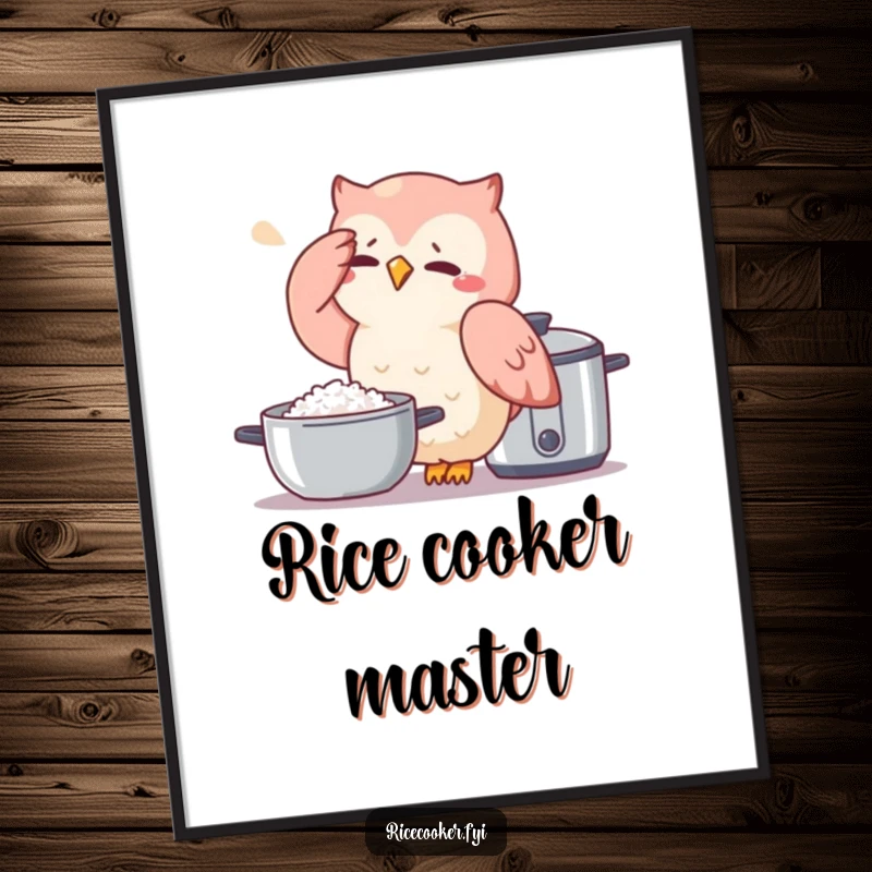 Funny owl digital art print showing a stressed owl next to a rice cooker, a humorous and downloadable piece for decor.