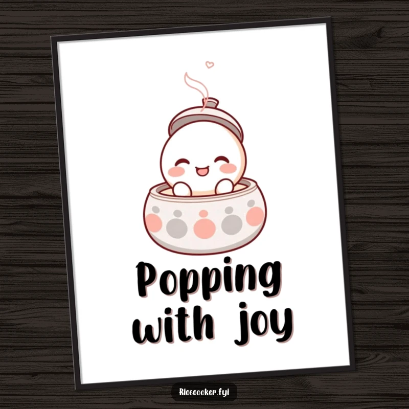 Funny digital art print of a round, smiling character popping its lid open with gentle steam, representing joy.