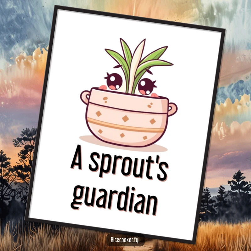 Funny digital art print of a cute pot character with wide eyes, watching a rice sprout, ideal for natural decor.