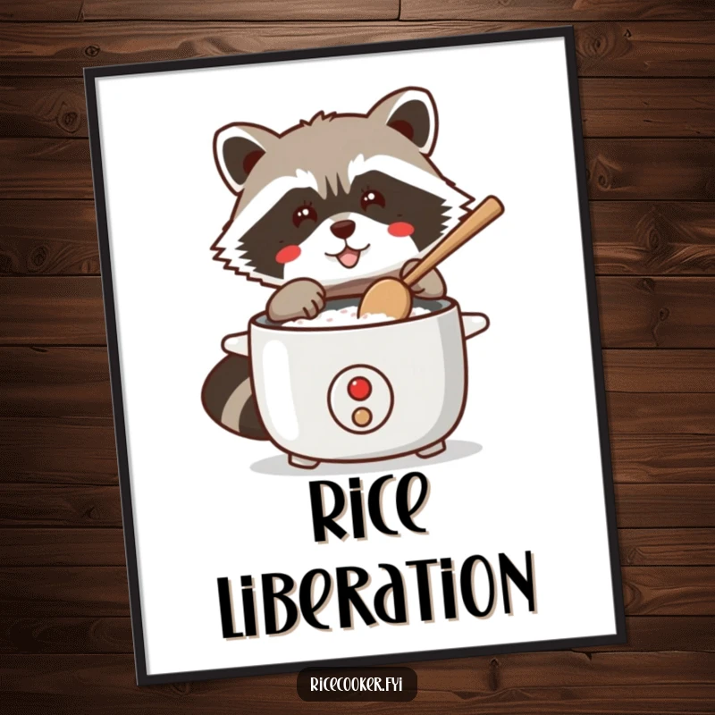 Funny digital art print of a mischievous raccoon tapping a rice cooker with a wooden spoon, captured in a moment of kitchen stealth.
