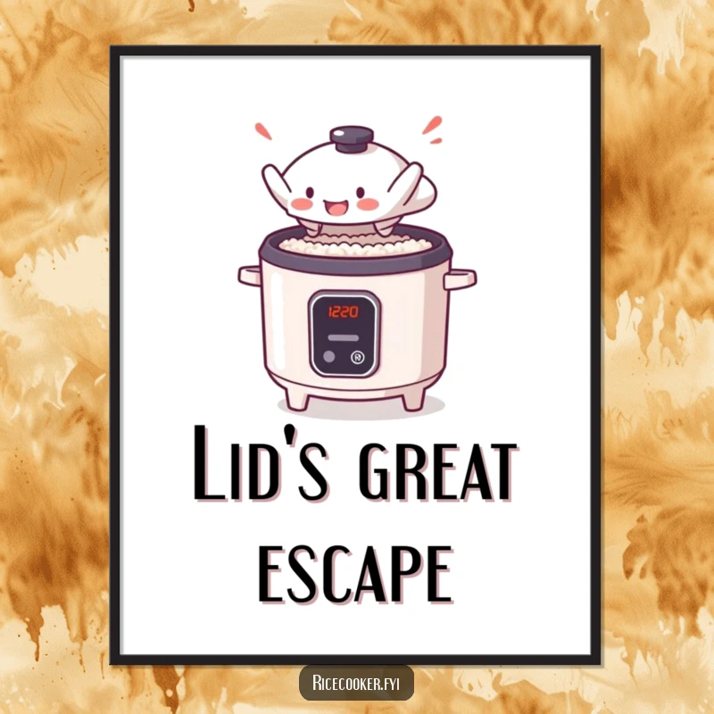 Funny digital art print capturing a tiny, sentient rice cooker lid in a theatrical, anime-style leap, full of kitchen drama.