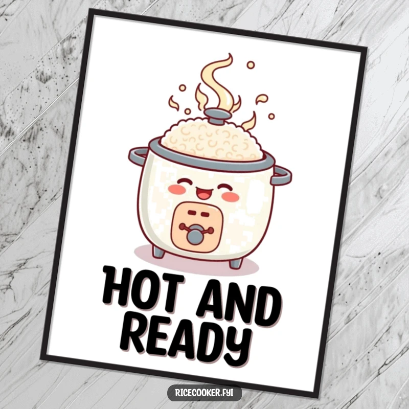 Funny rice cooker digital art, round character popping open with swirling steam, printable kitchen art.