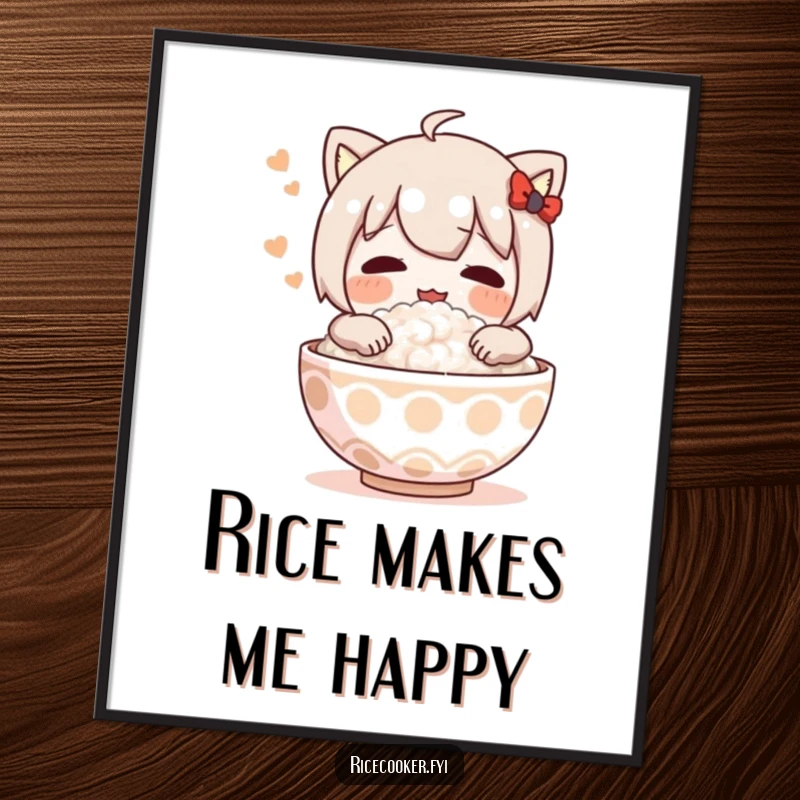Funny digital art print of a character joyfully hugging a steaming bowl of rice, radiating warmth and a love for delicious meals.