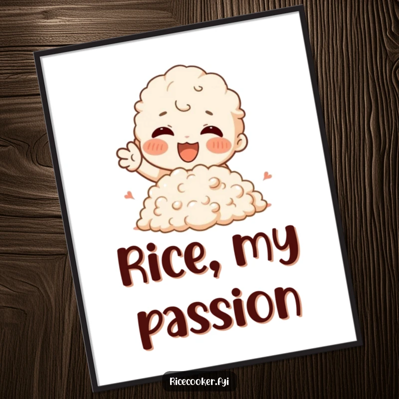 Funny Digital Art Print of a character joyfully gesturing towards a fluffy mound of rice, a humorous and delicious artwork.