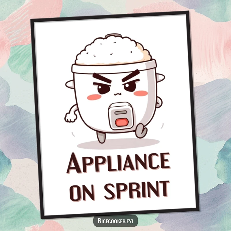 Funny digital art print of a determined rice cooker with legs, comically running, expressing unwavering dedication.