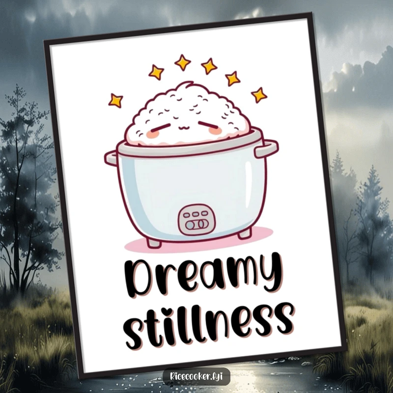 Funny sleepy rice cooker digital artwork, ready to be printed and framed, depicting a tired kitchen appliance with a humorous twist.