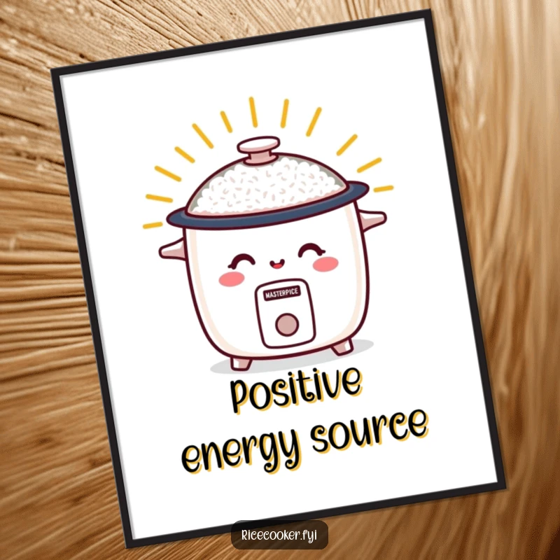 Funny digital art of a smiling rice cooker radiating warm energy, high-resolution humorous printable decor for a cheerful atmosphere.