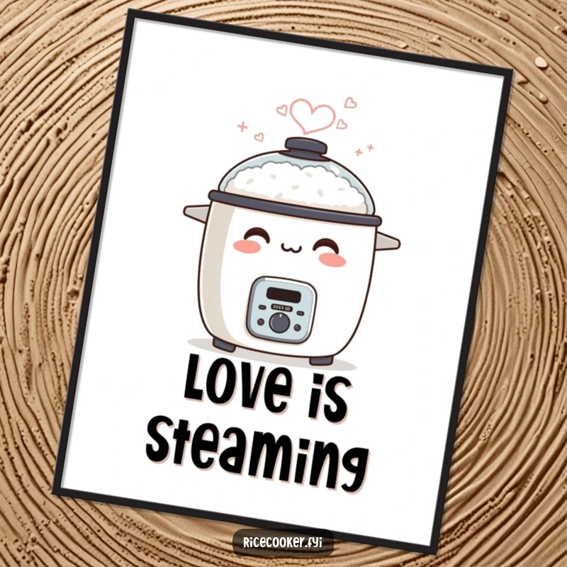 Funny digital art of a smiling rice cooker, with steam forming a heart.