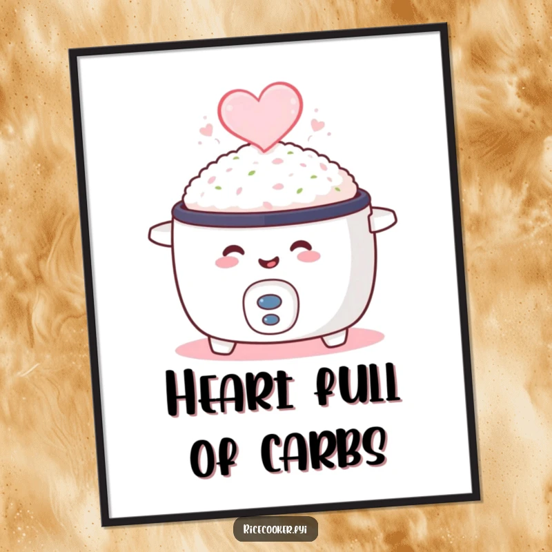 Funny digital art print of a smiling rice cooker with heart-shaped steam, perfect for immediate, humorous kitchen decor.