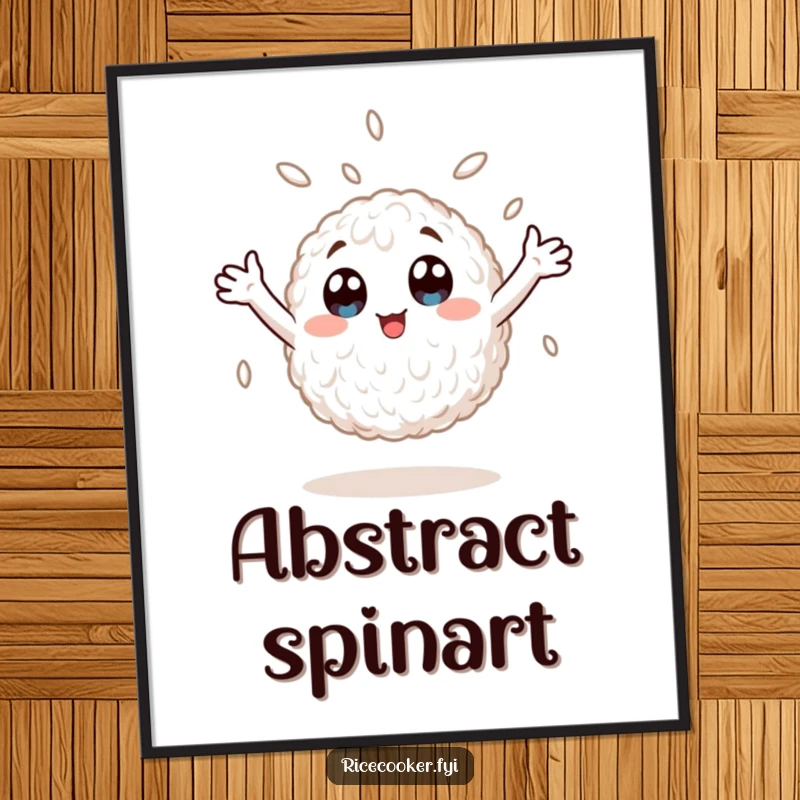 Funny digital art print of a wide-eyed rice grain spinning with arms outstretched, capturing a moment of pure anime-inspired, chaotic fun.