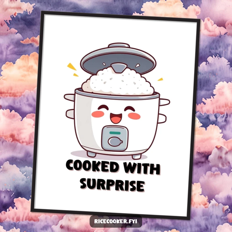 Funny digital art print of a grinning rice cooker with its lid popping open in surprise, ideal for humorous kitchen decor.