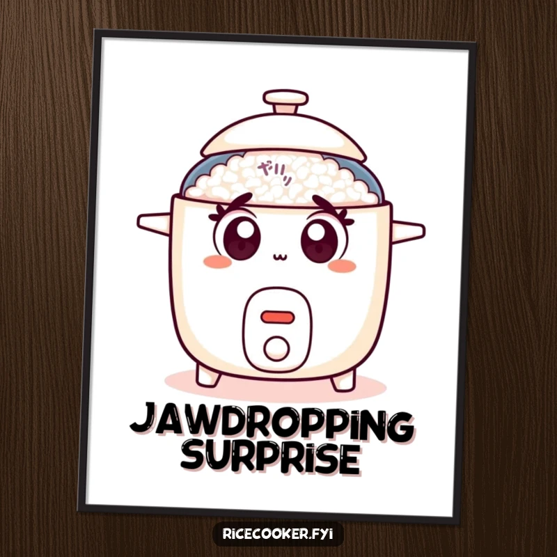 Funny rice cooker digital art print of a shocked appliance with wide eyes and a popping lid, adding humor.