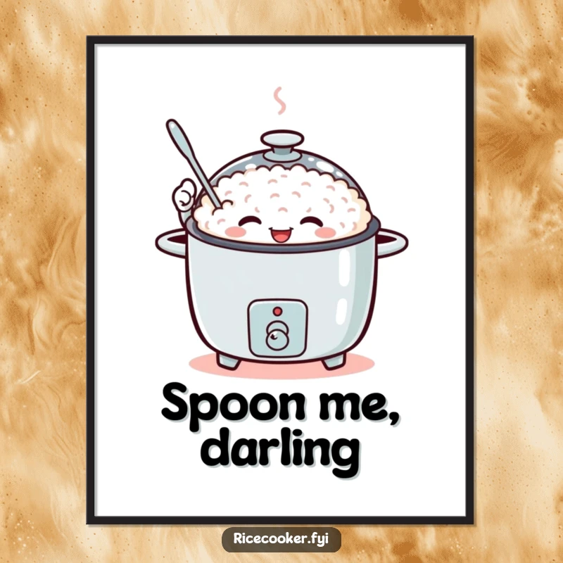 Funny digital art of a rice cooker enthusiastically waving a tiny spoon.