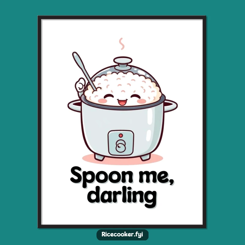 Funny Waving Rice Cooker Digital Art, Enthusiastic Spoon Print, Humorous Wall Decor