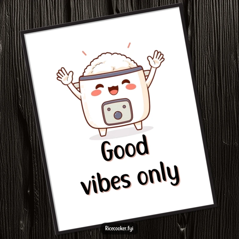 Funny digital art print of an ecstatic rice cooker with tiny arms waving. High-quality, instant download, perfect humorous gift.