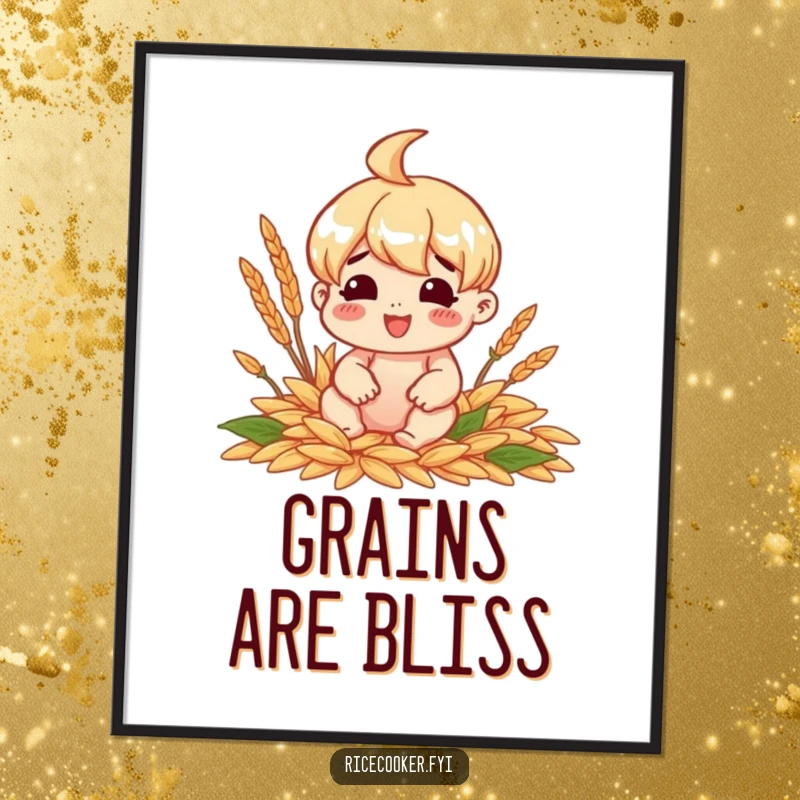 Funny digital art print of a cheerful character sitting happily surrounded by perfectly cooked grains, representing culinary delight.