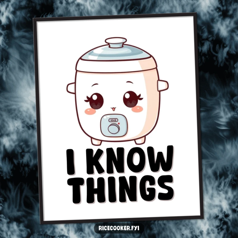 Funny digital art of a small rice cooker with wide eyes playfully winking, ready to charm.