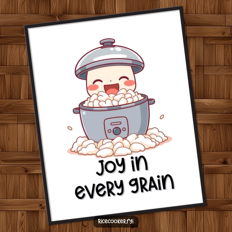 Funny digital art of a delighted rice cooker joyfully spilling perfect fluffy rice, high-resolution humorous printable decor for a cheerful atmosphere.