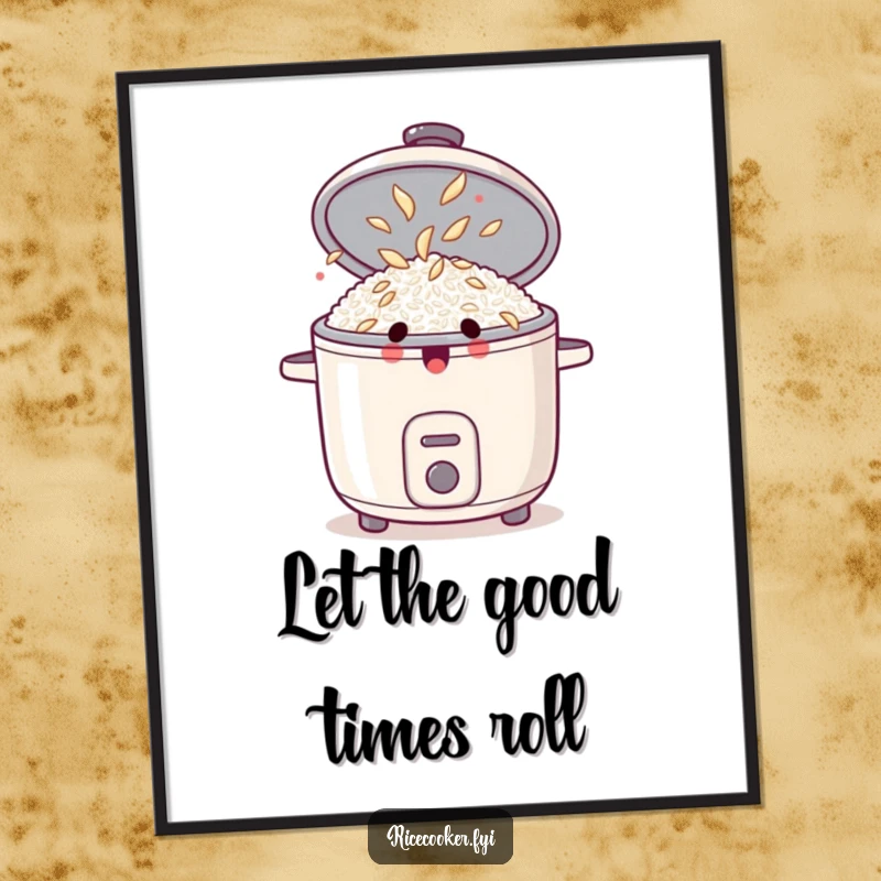 Funny digital art print of a surprised rice cooker with its lid open, revealing dancing rice grains, ready for humorous display.