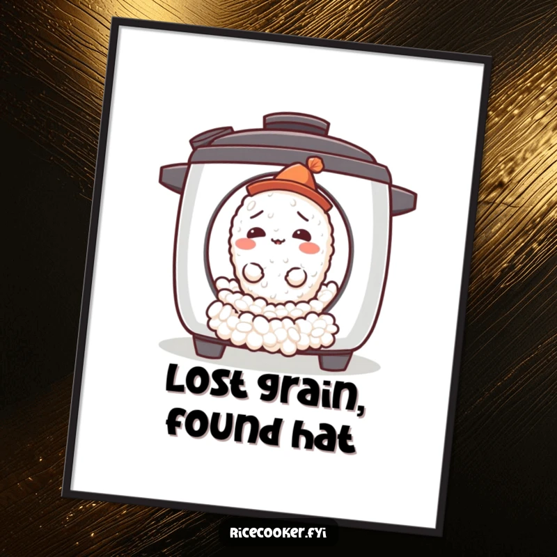 Funny confused rice grain digital art print depicting a single grain wearing a tiny hat, rolling out of a rice cooker.