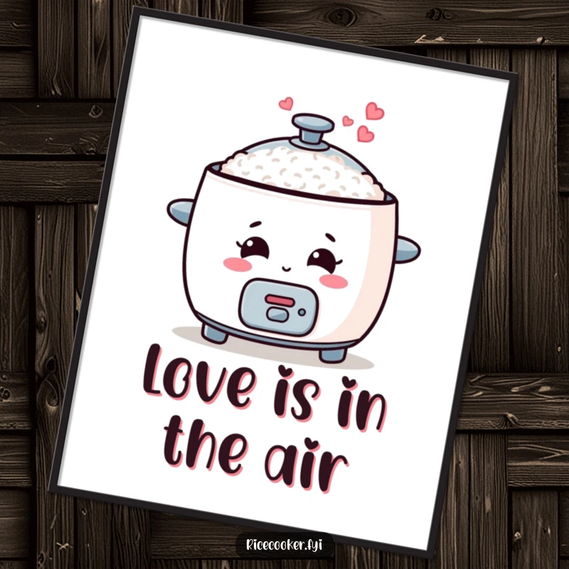Funny rice cooker digital art print, showing a smiling appliance with heart steam, creating a joyful atmosphere.