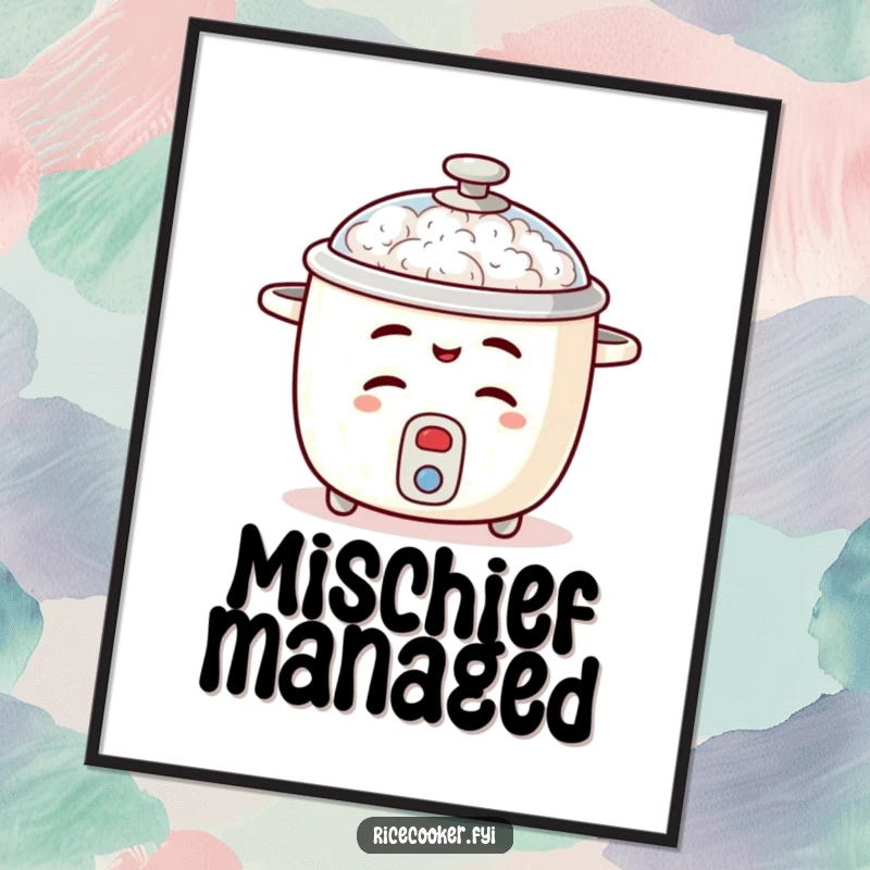 Funny rice cooker digital art print with a mischievous wink and slightly open lid, adding playful charm.