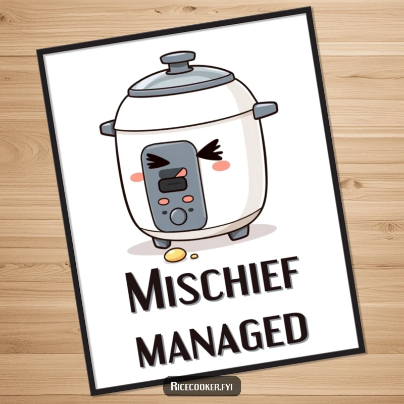 Funny digital art print of a mischievous rice cooker giving a sly wink, a grain dropped. High-quality, instant download, perfect humorous gift.
