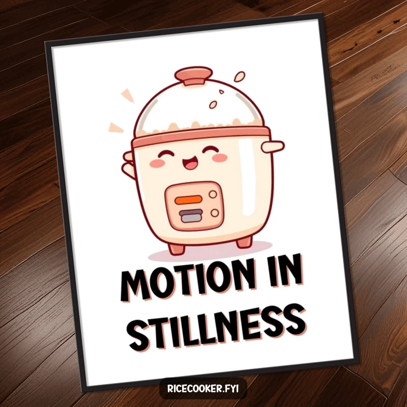 Funny rice cooker character spinning with delight, vibrant digital art for instant download and display.