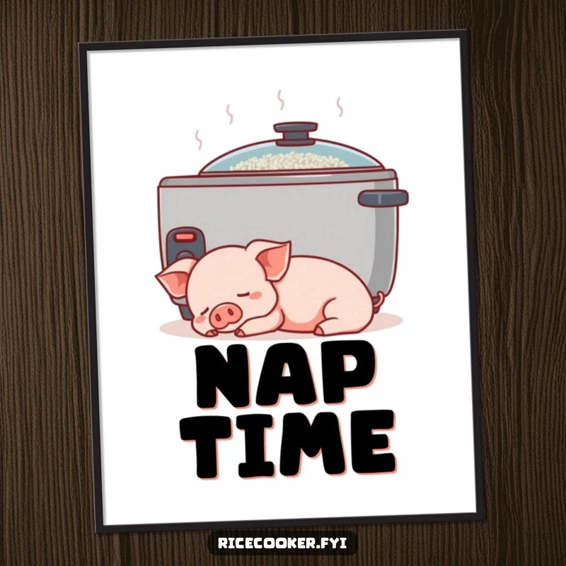 Funny piglet digital art. A content piglet naps peacefully next to a gently humming rice cooker, ready to be framed.