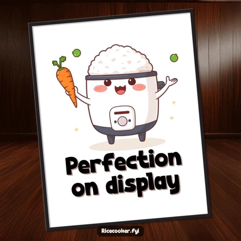 Funny digital art print of a happy rice cooker juggling a carrot and a pea, ready for immediate, humorous display.