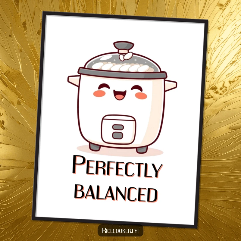 Funny digital art print of a laughing rice cooker with a tiny grain of rice balanced on its spout, for instant download.