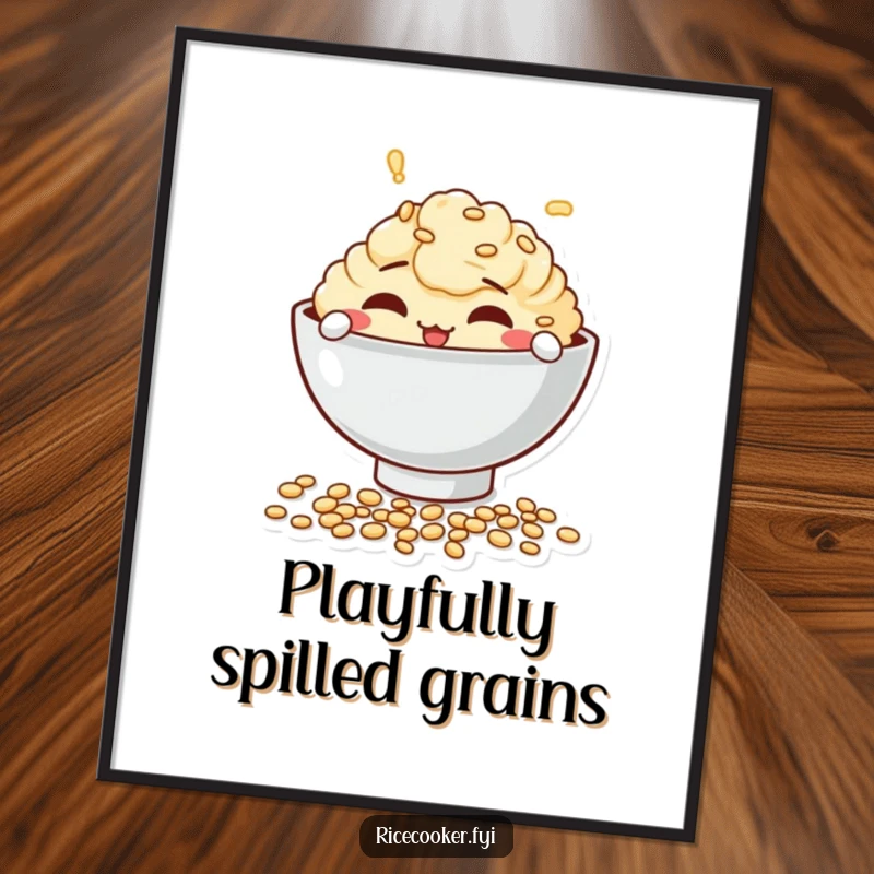 Funny digital art print of a mischievous bowl character playfully spilling uncooked grains, ready to add kitchen charm.