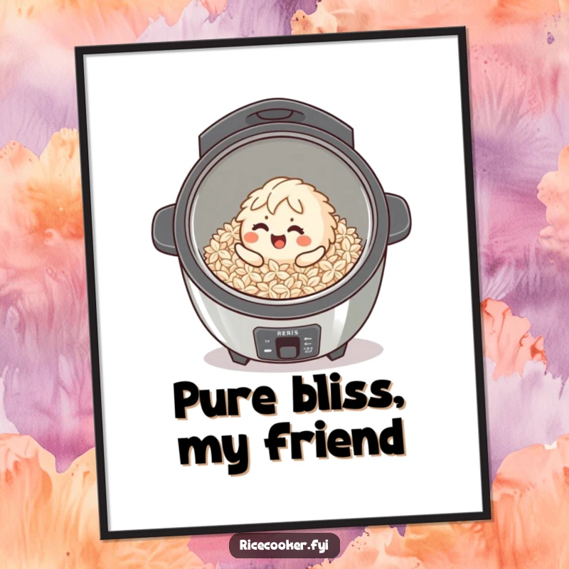 Funny giggling rice grain character rolling inside a clean rice cooker, available as an instant digital art print.