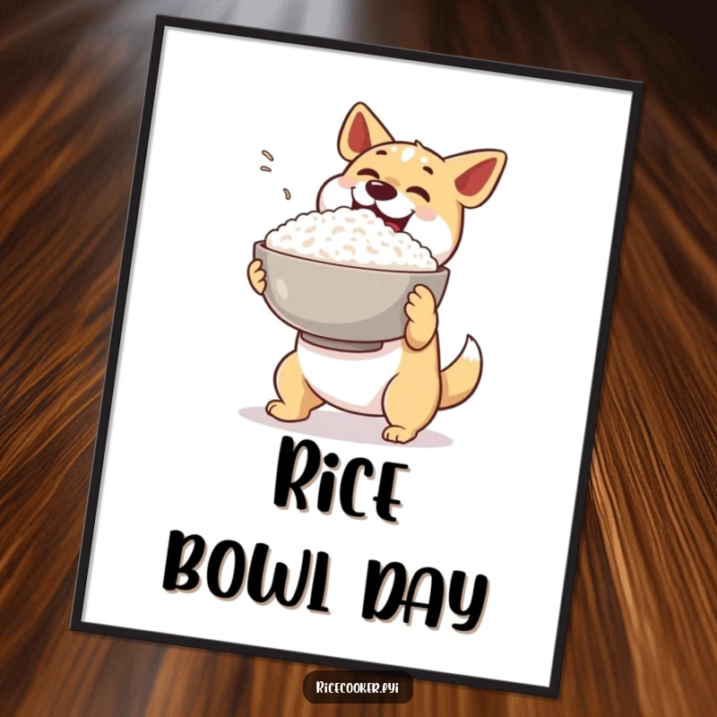 Funny dog rice digital art. A happy dog excitedly presents a giant bowl of steaming rice, ready to be framed.