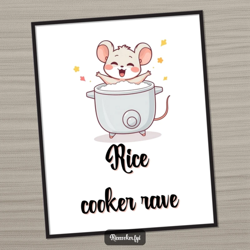 Funny mouse digital art print, showing a mouse joyfully dancing around a bubbling rice cooker, high-resolution download for kitchens and dining areas.