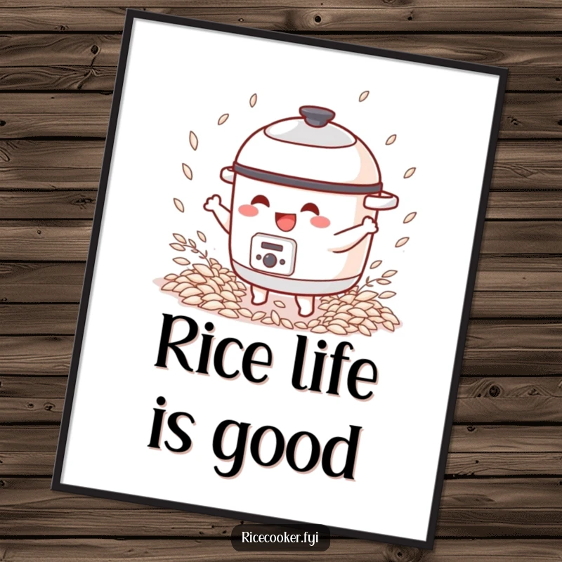 Funny digital art print of a joyful rice cooker character dancing enthusiastically among stylized rice grains.